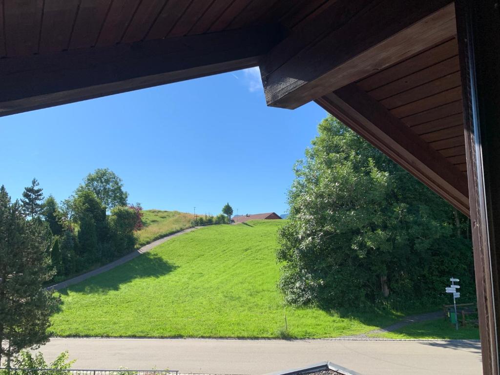a view of a grassy hill from a porch at Ferienwohnung Allgäuglück in Oberreute