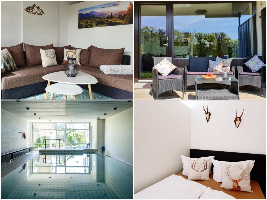 a collage of four pictures of a living room at Black Forest Bergliebe Pool Terrasse Natur Ruhe Komfort in Höchenschwand
