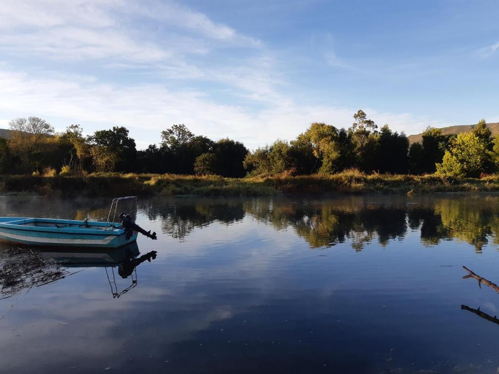 a small boat sitting in the middle of a lake at Casa do Coura Apartamento in Caminha