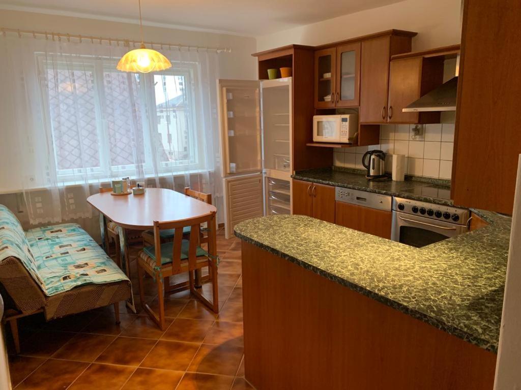 Svratka的住宿－apartman Luník，厨房配有桌子、小桌子和用餐室