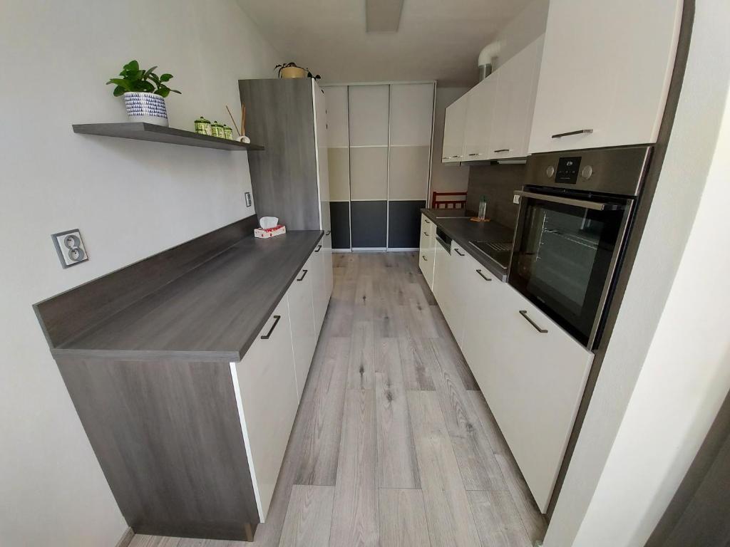 a kitchen with white cabinets and a wooden floor at Apartmán Eva - plně vybavený byt - Týn nad Vltavou in Týn nad Vltavou