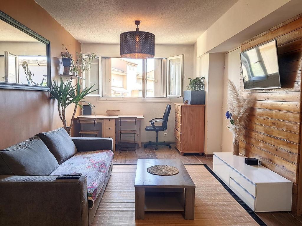 ein Wohnzimmer mit einem Sofa und einem Tisch in der Unterkunft Plein centre ville Appartement in Salon-de-Provence