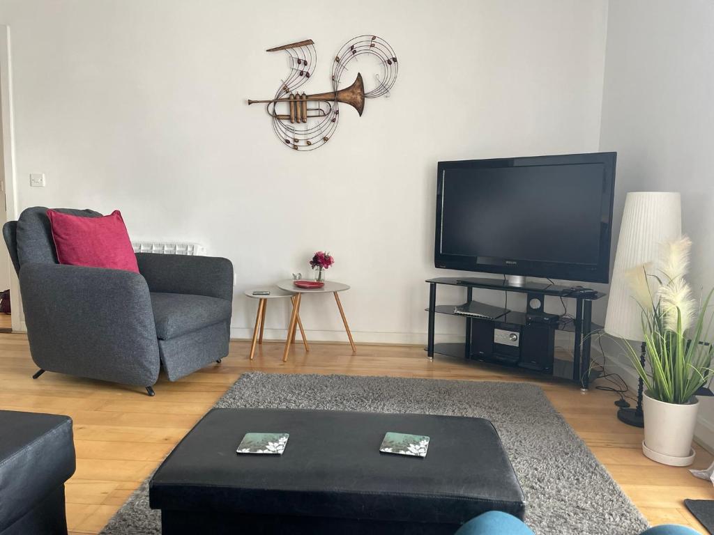 a living room with a couch and a flat screen tv at Wexford Town Centre Apartment in Wexford