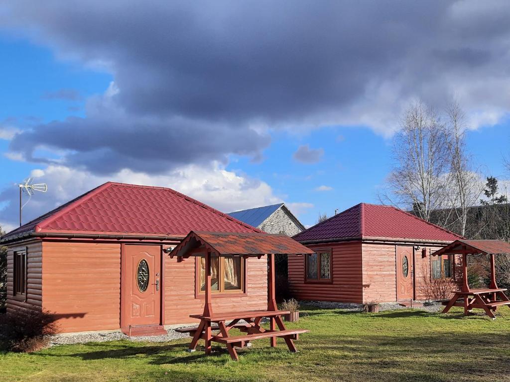 uma cabana de madeira com uma mesa de piquenique na relva em Agroturystyka nad Biebrza Sośniaki em Goniadz