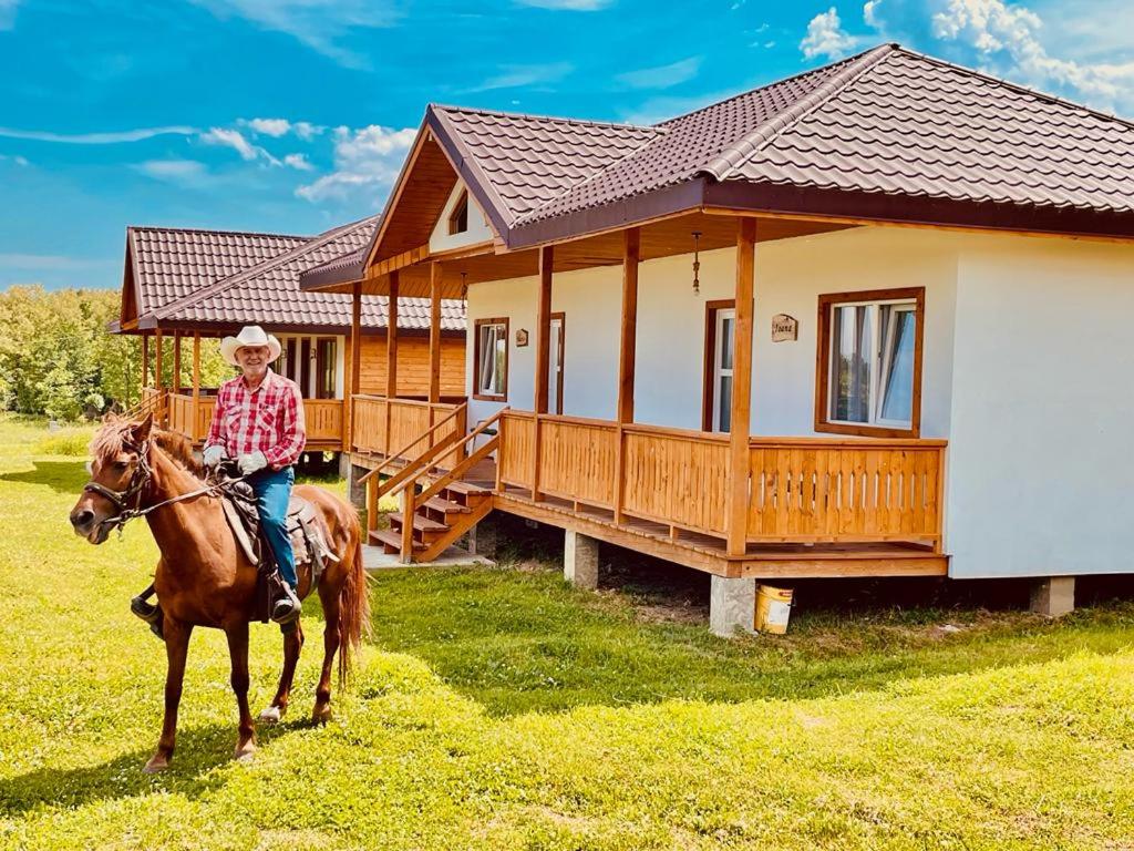 a person riding a horse in front of a house at Agapia Agapescu in Agapia