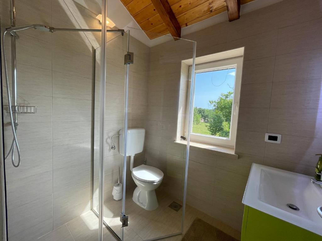 a bathroom with a toilet and a sink and a window at VILLA BERTO in Nedeščina