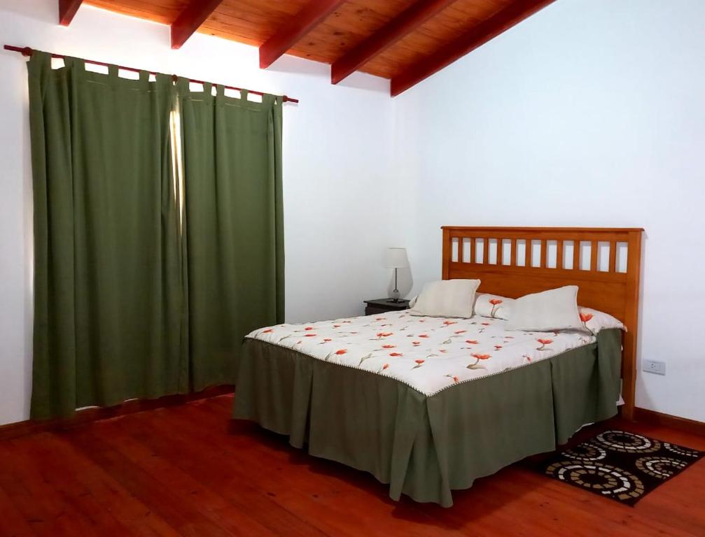 Schlafzimmer mit einem Bett mit grünen Vorhängen in der Unterkunft Amancay in Villa Elisa