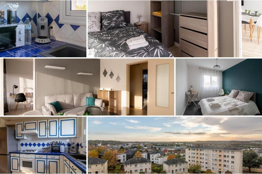 a collage of photos of a bedroom and a apartment at LeSaumurTranquille - Les VioIettes in Saumur