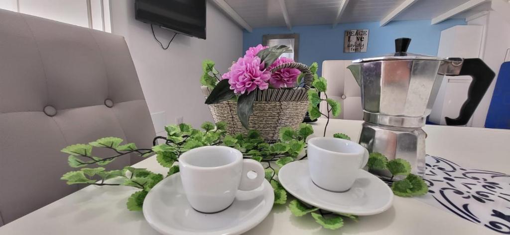 特羅佩阿的住宿－Monolocale Love Loft，柜台,有两只白杯子和盘子,花