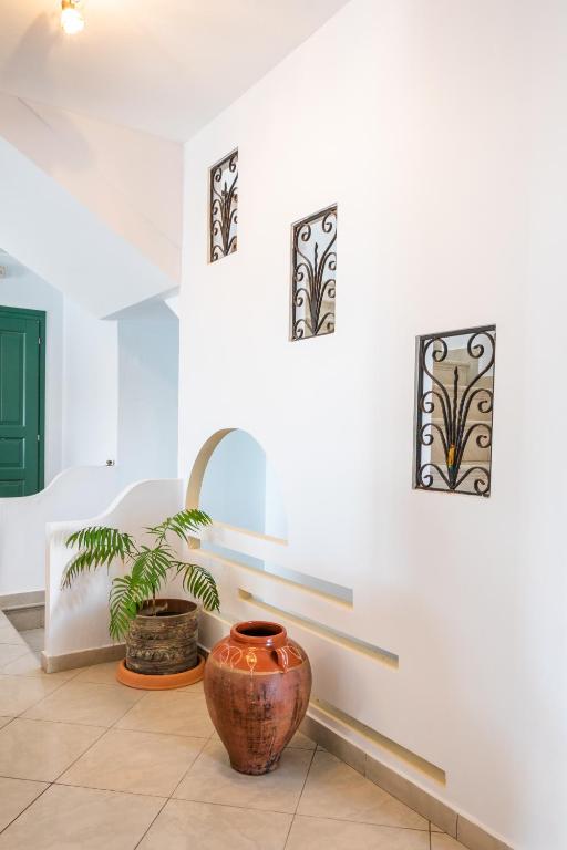 a room with a large vase on the wall and a plant at Dilina Studios in Arkasa