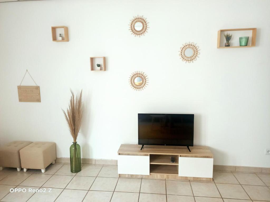 sala de estar con TV en una pared blanca en Le petit Cosy en Saint-Laurent-de-la-Salanque