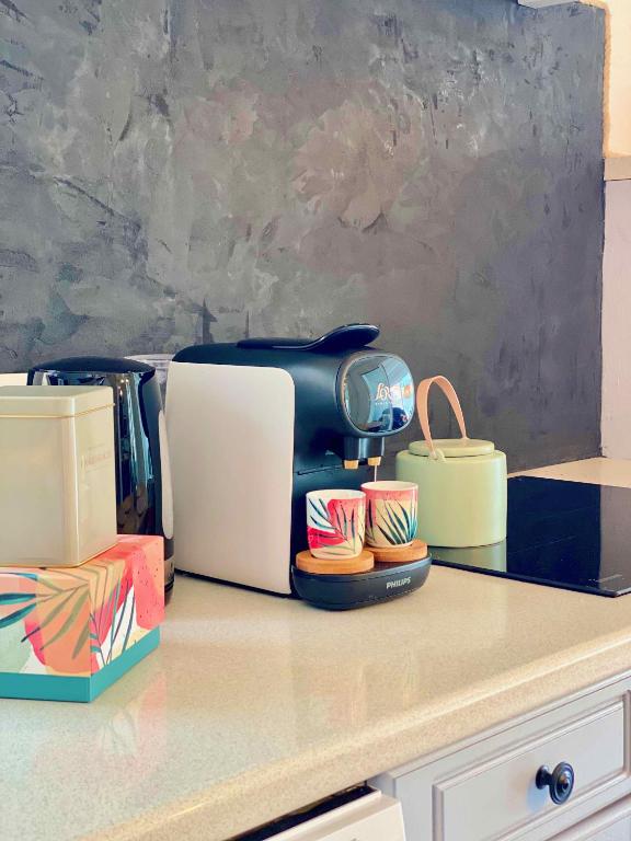 a kitchen counter with a coffee maker and a toaster at L&#39;Etang des rêves in Gruissan