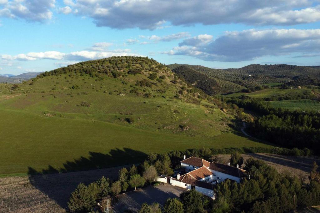 Cortijo Rural La Gineta Alcalá la Real في ألكالا لا ريال: اطلالة جوية على منزل على تلة خضراء