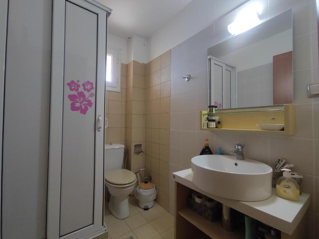 łazienka z umywalką, toaletą i lustrem w obiekcie Seaside house w mieście Vráchos
