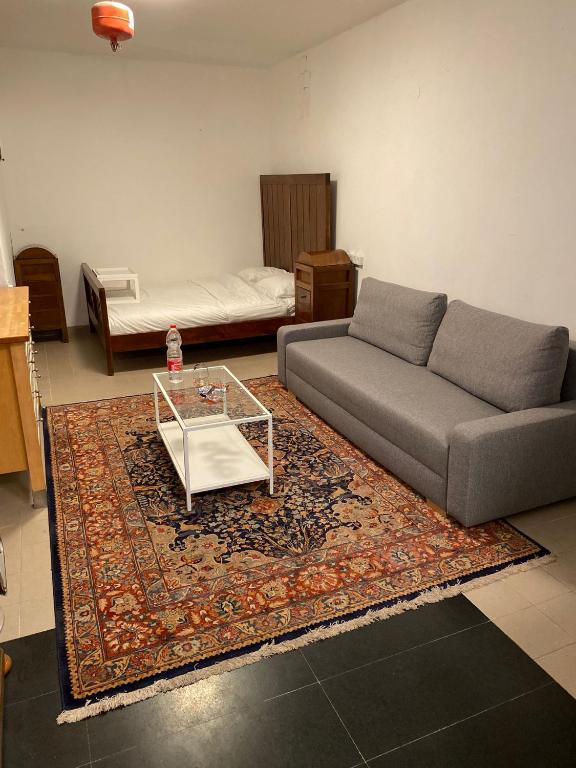 Pleasant Loft Apartment In The Heart Of Tel-Aviv في تل أبيب: غرفة معيشة مع أريكة وطاولة قهوة