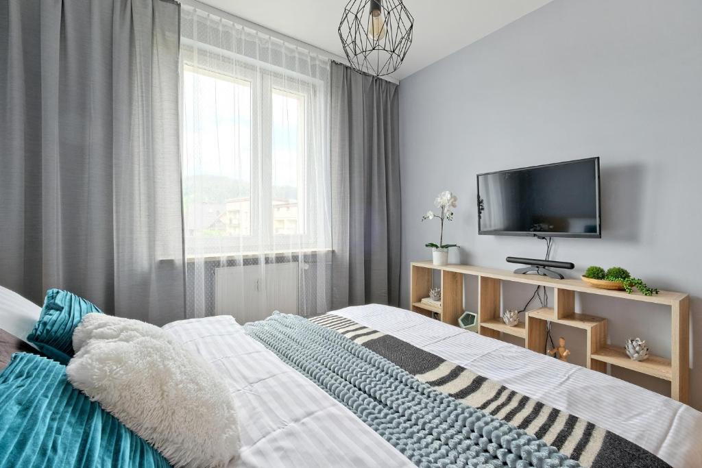 um quarto com uma cama e uma televisão de ecrã plano em Apartament Krupówki VIP Odkryj Zakopane em Zakopane