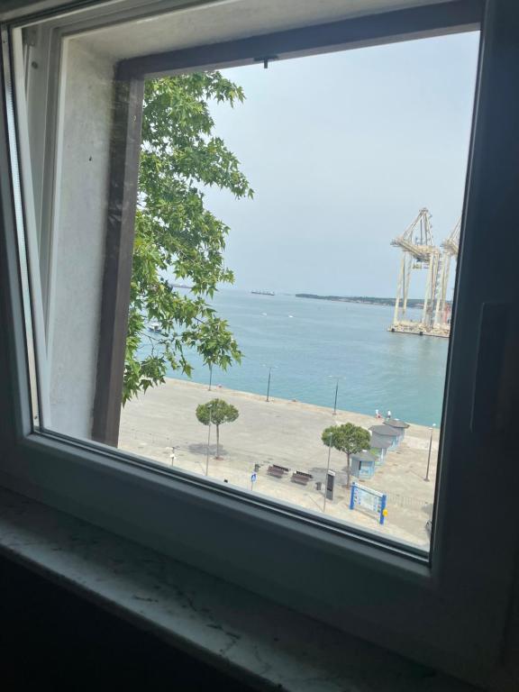 a window with a view of a beach and crane at Apartments Nina in Koper