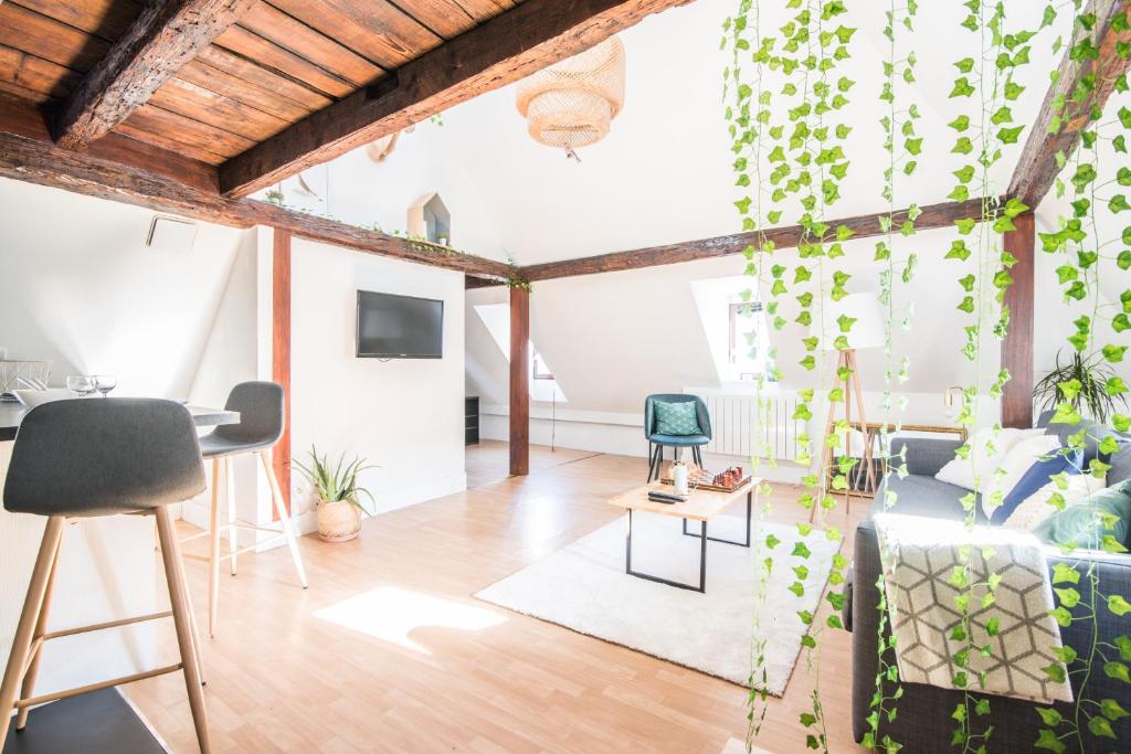 un salon avec un canapé et des chaises dans l'établissement La Petite Cathédrale Strasbourg séjour de 30 jours ou plus, à Strasbourg