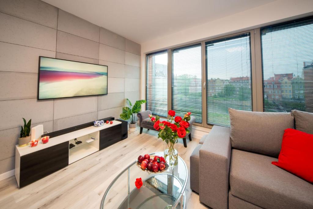 a living room with a couch and a tv at Maya's Flats & Resorts 55 - Pszenna 5 in Gdańsk