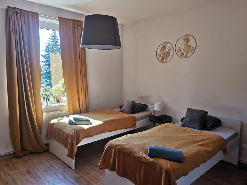 カトヴィツェにあるSilesia Noclegiのベッド2台と窓が備わるホテルルームです。