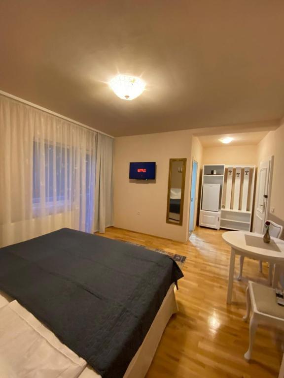 a bedroom with a large bed and a table at Vila David in Baile Unu Mai
