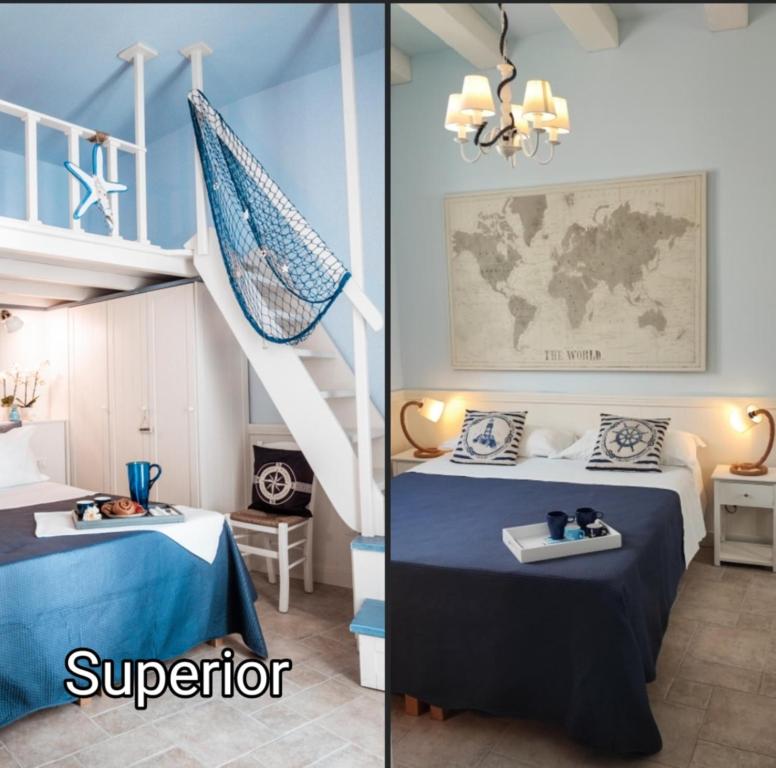 ein Zimmer mit einer Treppe und ein Zimmer mit einem Bett in der Unterkunft Chiasso S. Anna Relax Apartments near the sea in Monopoli