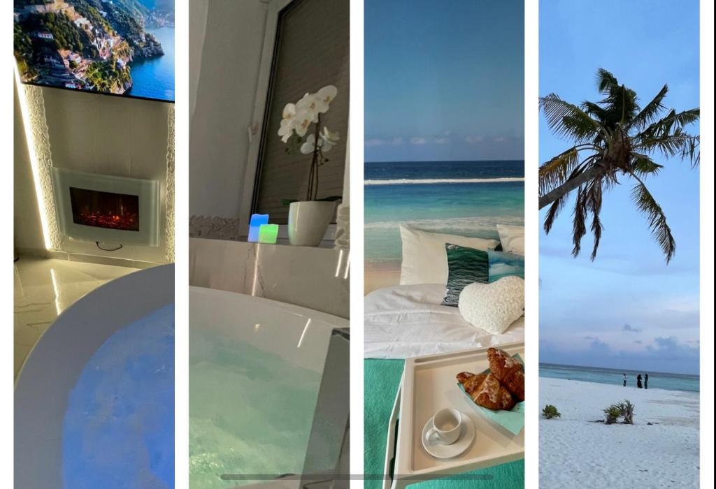 a collage of four pictures of a beach at Esprit MALDIVES ...... SPA LOVE au coeur de Mulhouse in Mulhouse