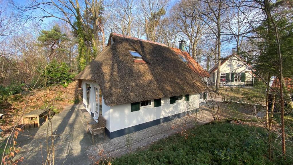 una casa antigua con techo de paja en el bosque en De Compaenenhorst, en IJhorst