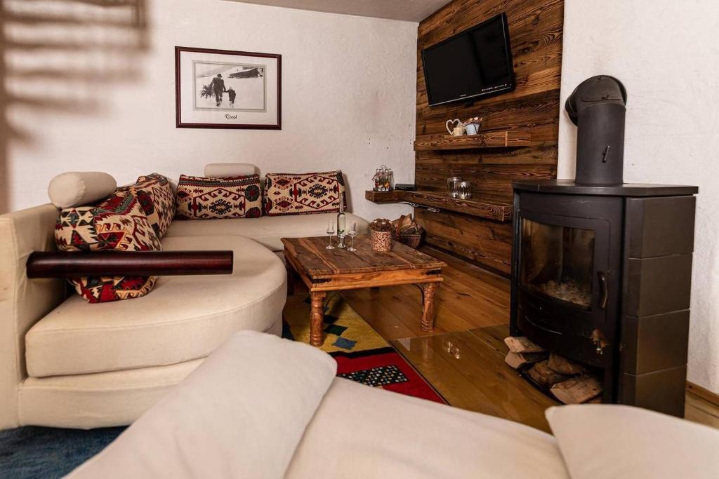 een woonkamer met een bank en een open haard bij Haus Evelin in Kundl