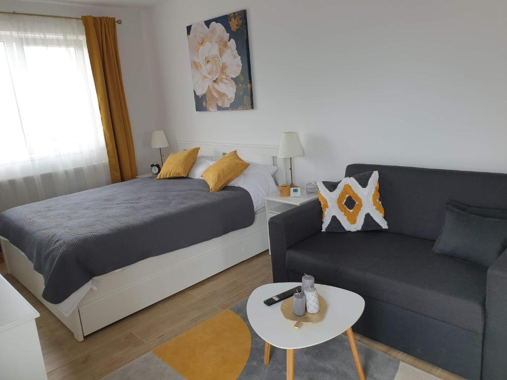 a bedroom with a bed and a couch and a table at Max Studio in Sancraiu de Mures