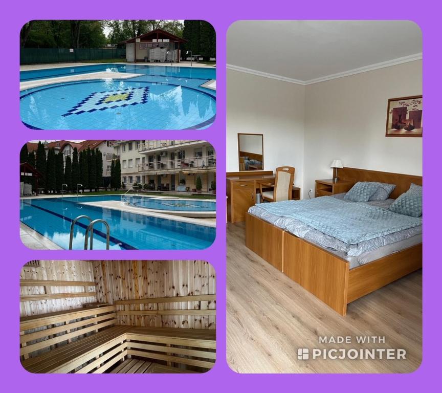 un collage de fotos de un dormitorio y una piscina en Brookforest Apartman, en Hajdúszoboszló