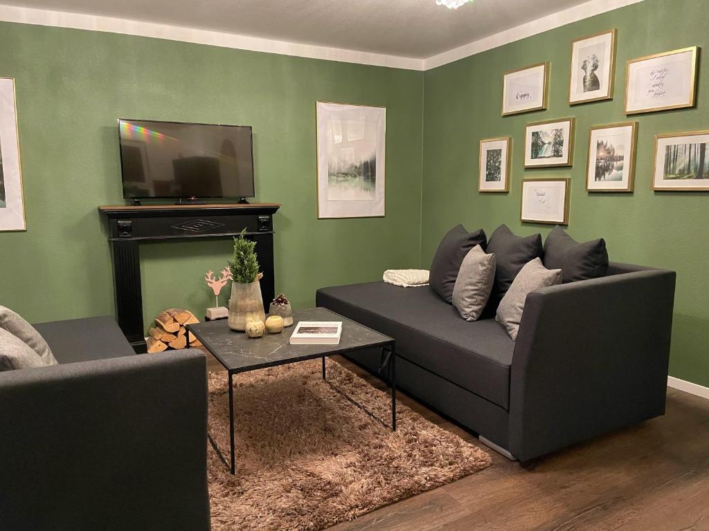 ein Wohnzimmer mit einem Sofa und einem TV in der Unterkunft Blackforest Apartment in Freudenstadt