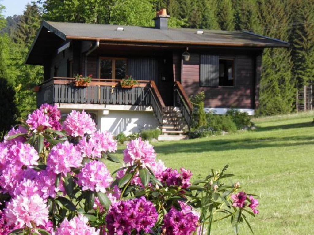 a log cabin with pink flowers in front of it at Gîte Ban-sur-Meurthe-Clefcy, 3 pièces, 4 personnes - FR-1-589-150 in Ban-sur-Meurthe-Clefcy