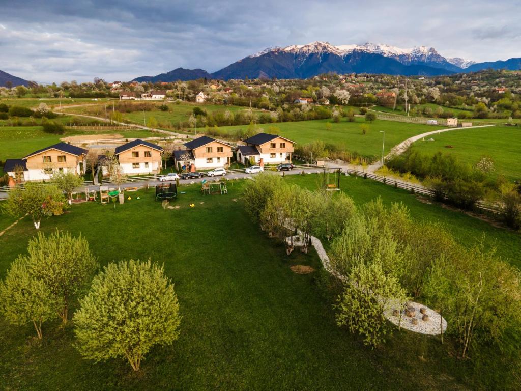 an aerial view of a yard with houses and mountains at Green Resort Bran in Bran