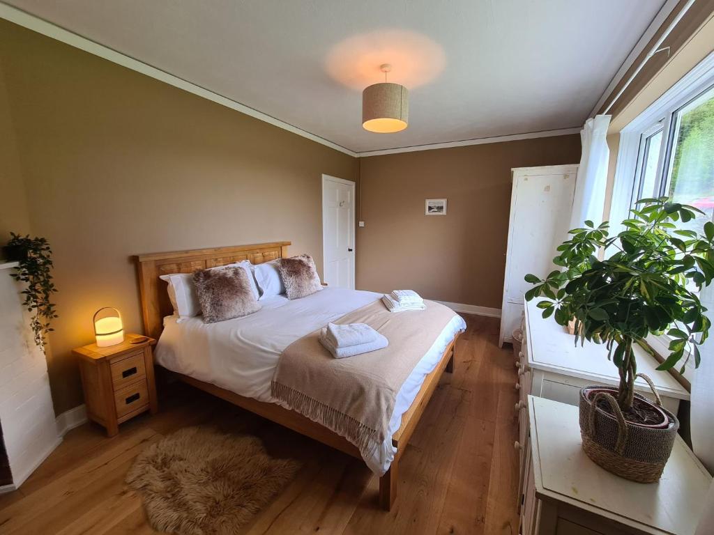 1 dormitorio con 1 cama y una maceta en South Lodge, Glenfintaig, en Spean Bridge