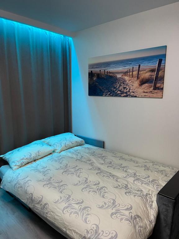 a bedroom with a bed with a picture on the wall at Alintoma Holiday apartment in Palanga