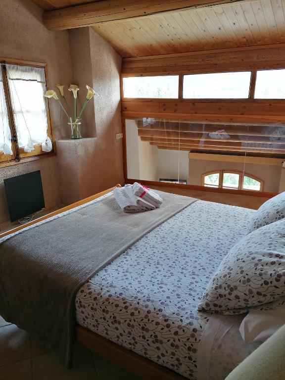 a bedroom with a bed with a tv and windows at CASA RUGALL in Monrós