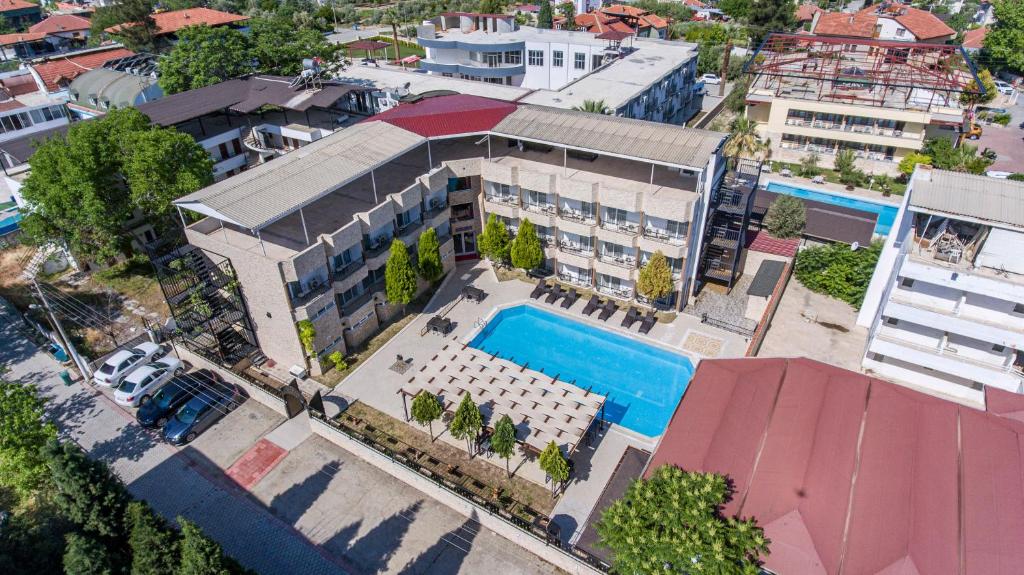 an overhead view of a building with a swimming pool at Ayapam Hotel in Pamukkale