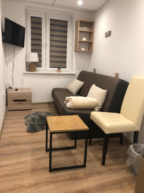 ein Wohnzimmer mit einem Sofa und einem Tisch in der Unterkunft Apartament Mazury in Giżycko