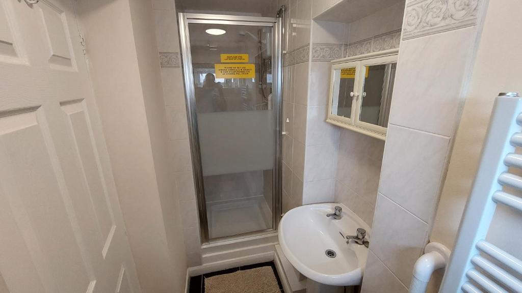 a bathroom with a shower and a sink at Tennyson Lodge in Mablethorpe