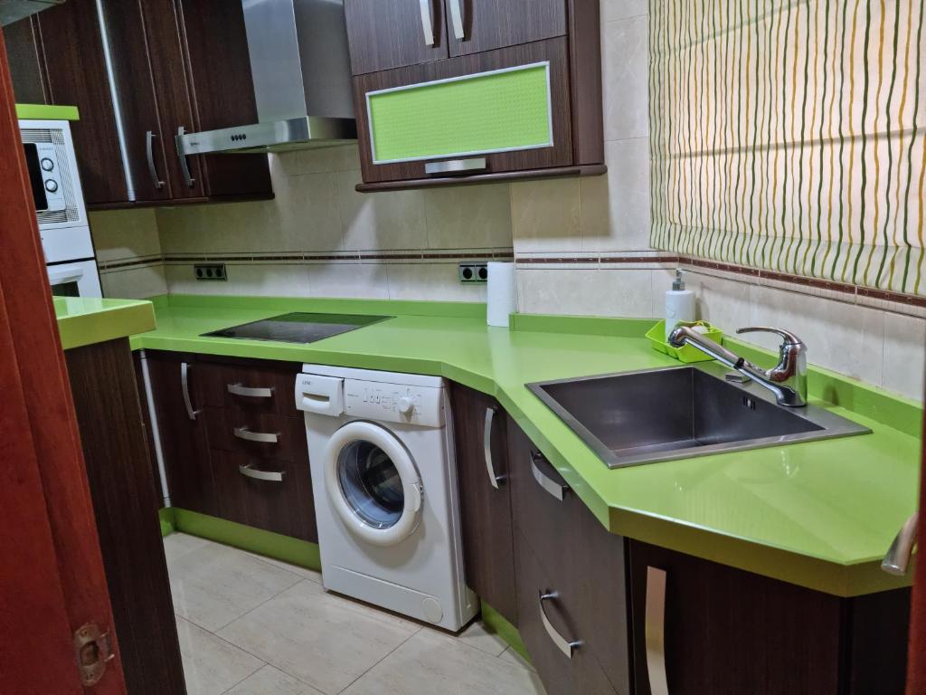 uma cozinha verde com uma máquina de lavar roupa e um lavatório em Peñuelas Apartment em Lucena