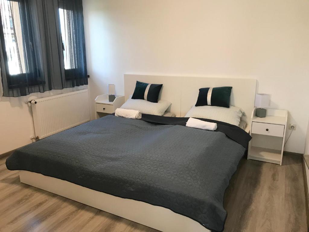sypialnia z dużym łóżkiem i 2 oknami w obiekcie Rita Apartman Hévíz w Hévízie