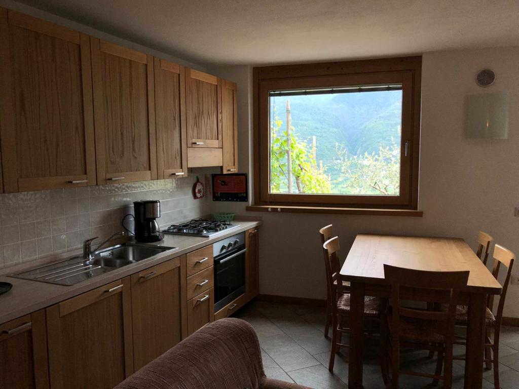 uma cozinha com uma mesa, um lavatório e uma janela em Casa dell'Olivo em Castione Andevenno