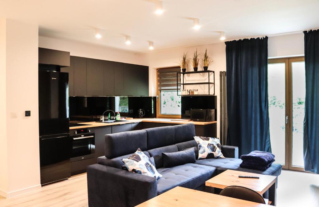 een woonkamer met een blauwe bank en een keuken bij Lemon Park Apartments Parking Gratis in Poznań