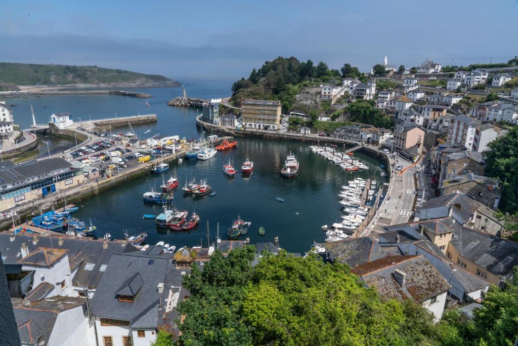 an aerial view of a harbor with boats in the water at Apartamentos Mar y Sol in Luarca