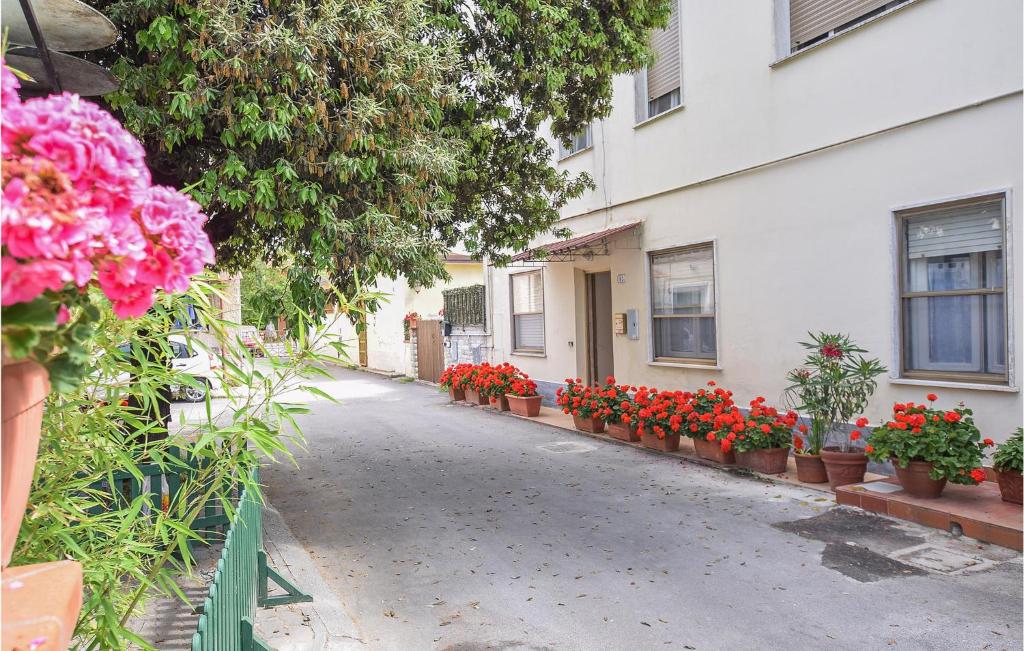een straat met bloemen in potten naast een gebouw bij 1 Bedroom Stunning Apartment In Vecchiano in Vecchiano