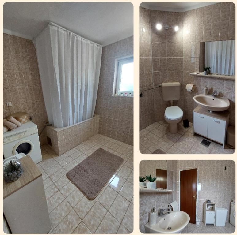3 fotos de un baño con lavabo y aseo en Ani, en Lovreć