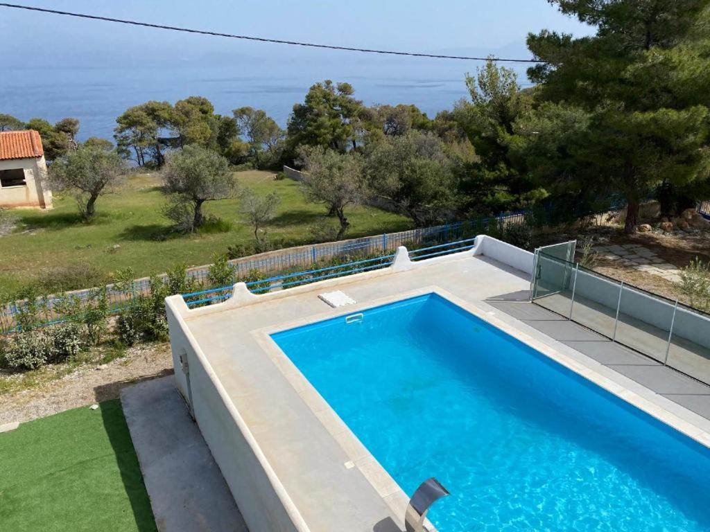 a swimming pool with a view of the ocean at Bianco e Azzuro in Vouliagmeni Lake