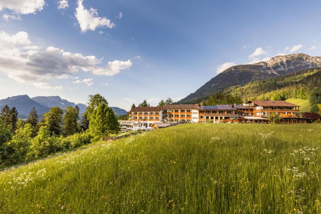 ein Hotel in den Bergen mit grünem Feld in der Unterkunft Alm- & Wellnesshotel Alpenhof in Schönau am Königssee