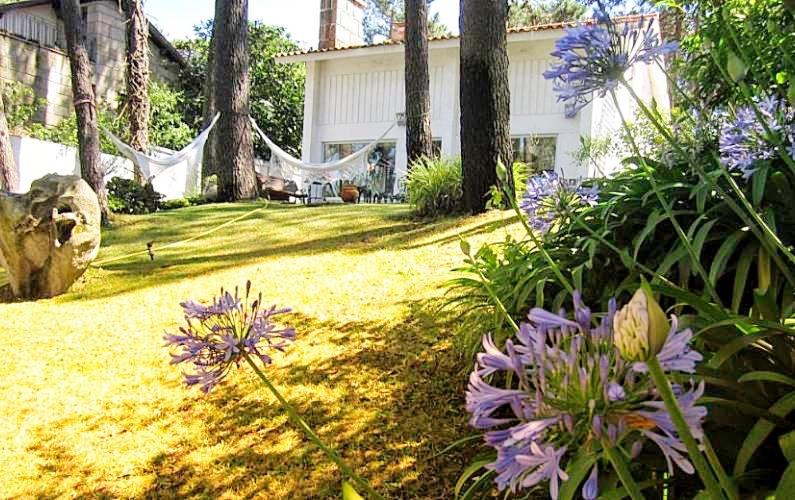 a yard with purple flowers and trees and a house at Cabedelo Beach House in Viana do Castelo